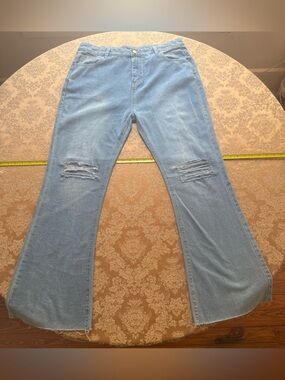 High-Waist Distressed Flare Jeans light blue